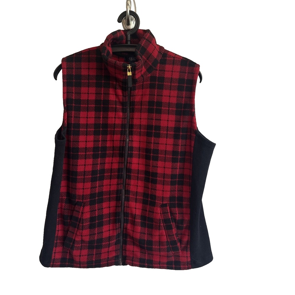 Chaps Womens Buffalo Plaid Fleece Vest Size XL Pockets Cottagecore Minimalist